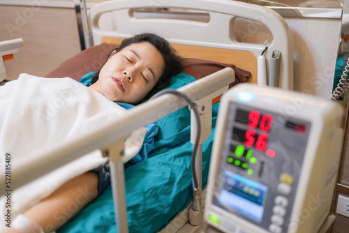 Patient Asia woman on the bed with saline solution and monitor blood pressure at hospital ward room. Treatment emergency recovery after surgery. Hypertension and hypotension. Healthcare and medical photo