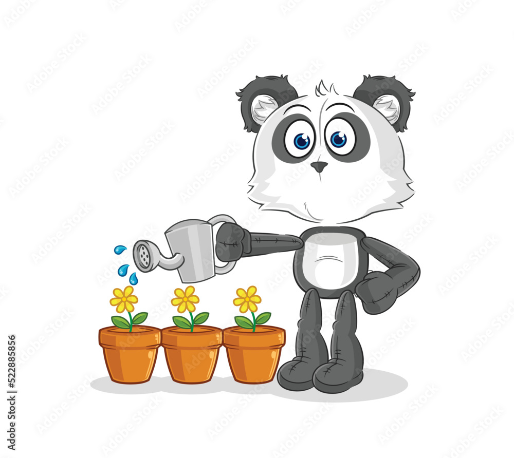 Naklejka premium panda watering the flowers mascot. cartoon vector