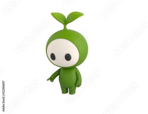 Leaf Mascot character pointing to the ground in 3d rendering.