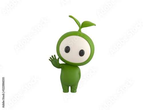 Leaf Mascot character raising right hand in 3d rendering.