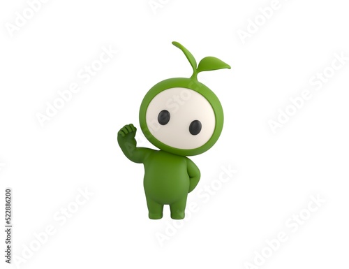 Leaf Mascot character raising right fist in 3d rendering.