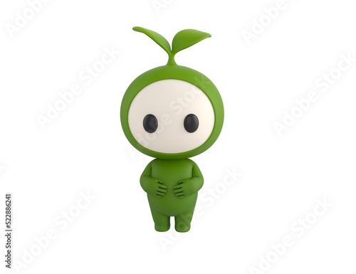 Leaf Mascot character keeps both hands on belly in 3d rendering.