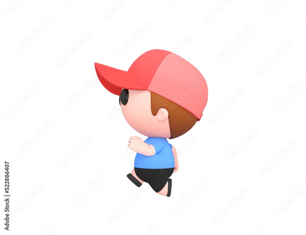 Little Boy wearing Red Cap character running to the left side in 3d rendering.