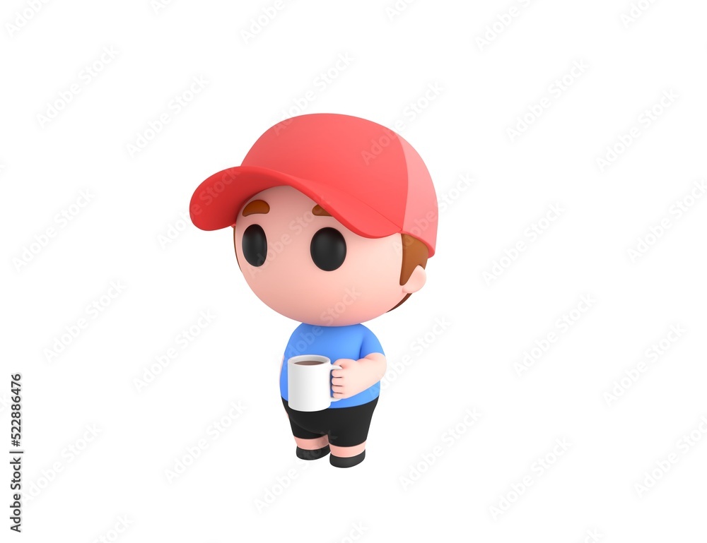 Little Boy wearing Red Cap character holding white coffee mug in 3d rendering. Little Boy wearing Red Cap character holding white coffee mug in 3d rendering.