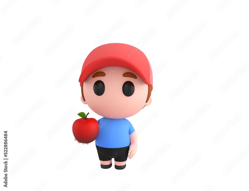 Little Boy wearing Red Cap character holding red apple in 3d rendering. Little Boy wearing Red Cap character holding red apple in 3d rendering.