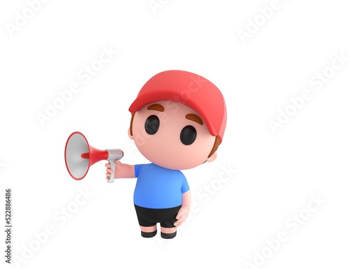 Little Boy wearing Red Cap character speaking in megaphone in 3d rendering.