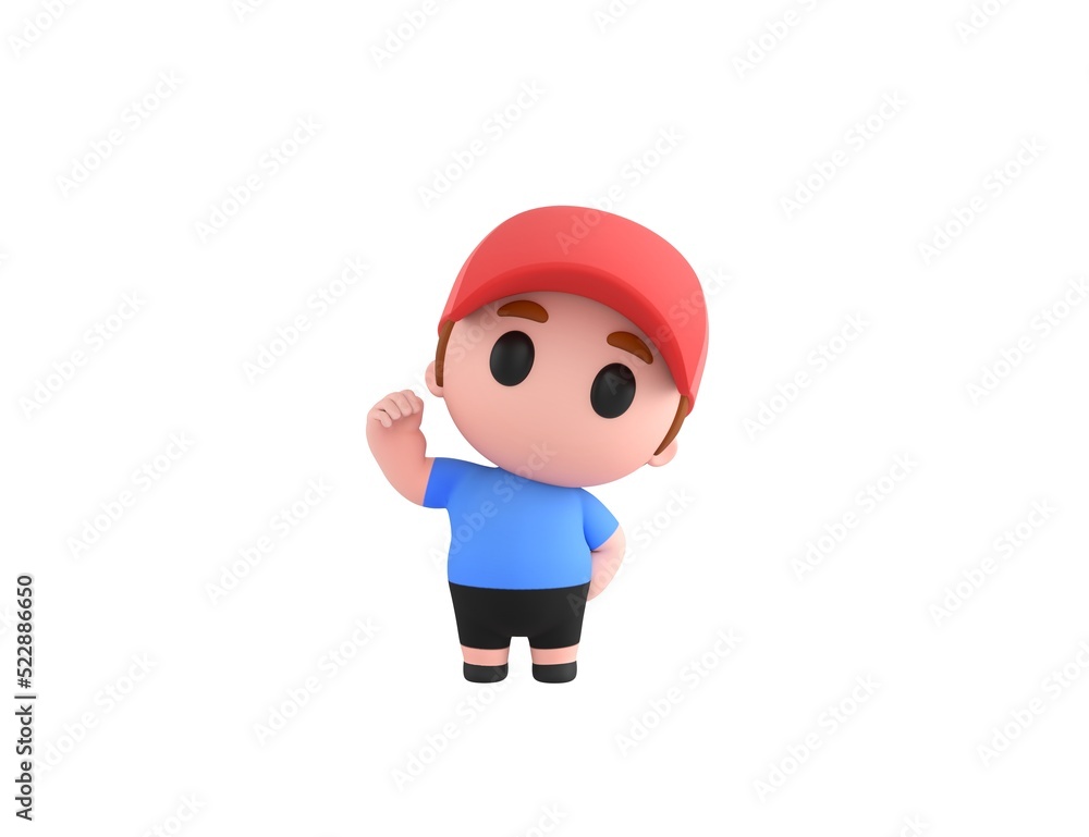 Little Boy wearing Red Cap character raising right fist in 3d rendering.