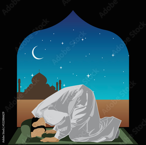 illustration of moslem man pray in colorfull background

