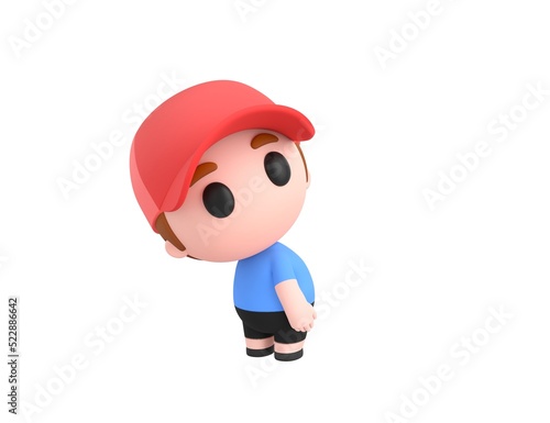Little Boy wearing Red Cap character looking over shoulder in 3d rendering.