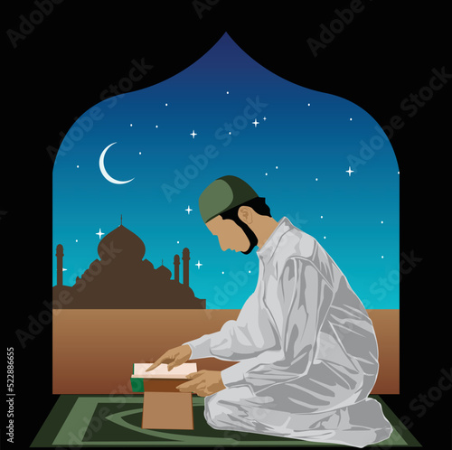 illustration of moslem man pray in colorfull background
