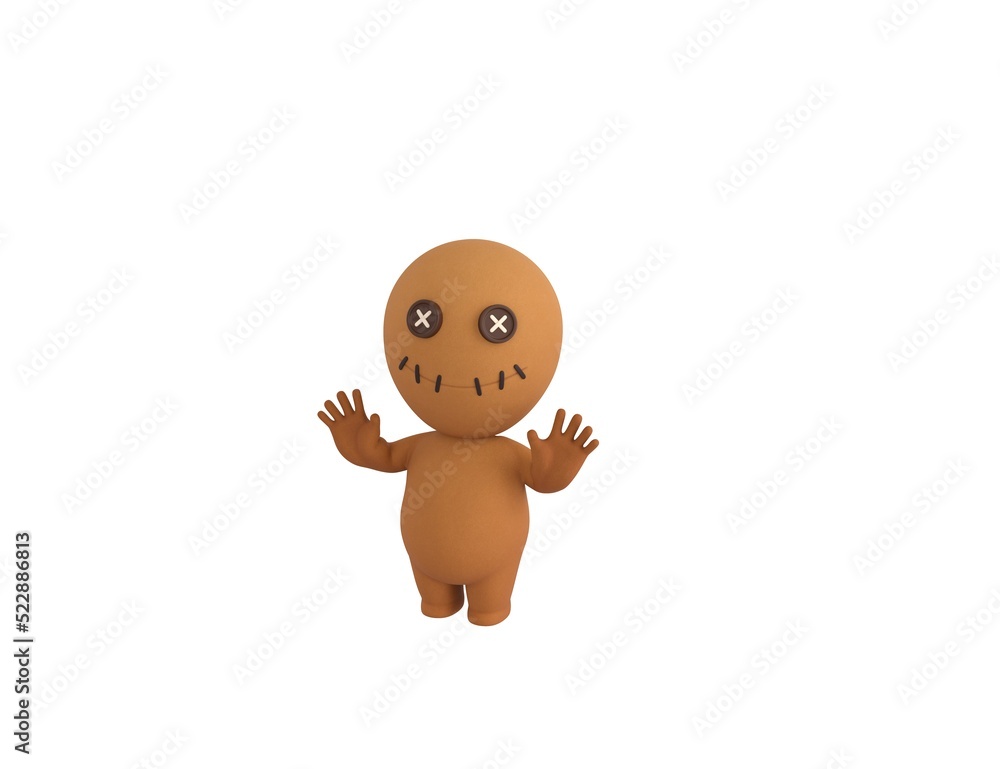 Fototapeta premium Little Voodoo Doll character raising hands and showing palms in surrender gesture in 3d rendering.