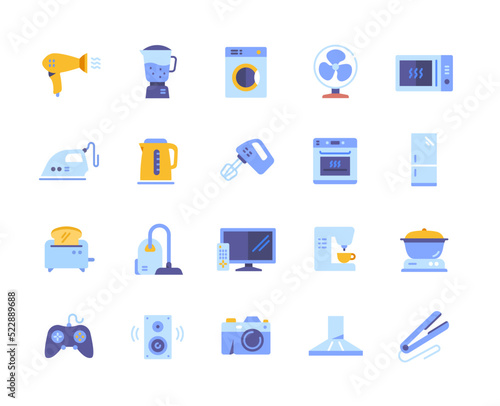 Household appliances colorful icon set. Bright stickers with blender, refrigerator, vacuum cleaner, TV, toaster and oven. Website designs. Cartoon flat vector collection isolated on white background