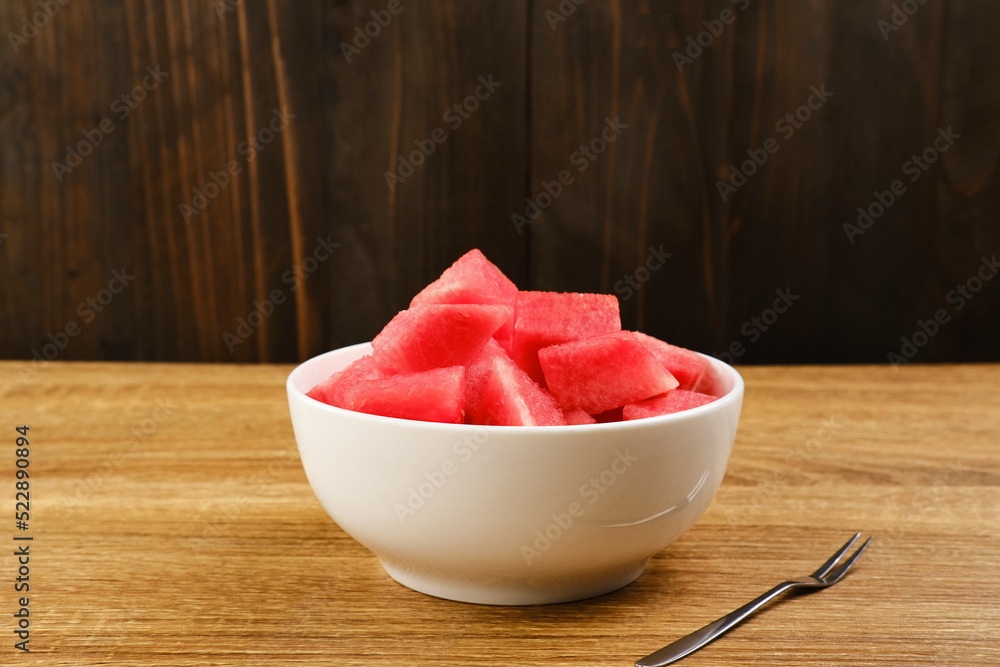A bowl of fresh watermelon served on white bowl. Breakfast fruit in the morning
A bowl of fresh watermelon served on white bowl. Breakfast fruit in the morning