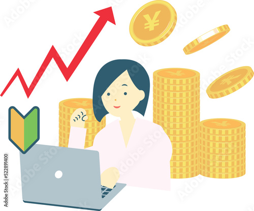 パソコンで上昇グラフを見て喜ぶ初心者の女性　/お金/投資