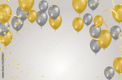 balloon gray and yellow background. Flying colorful balloons birthday party decoration. Anniversary celebration card, fun carnival holiday joy surprise