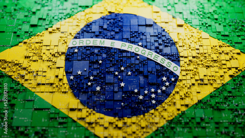 Brazilian Flag rendered as Futuristic 3D blocks. Brazil Network Concept. Tech Wallpaper. photo