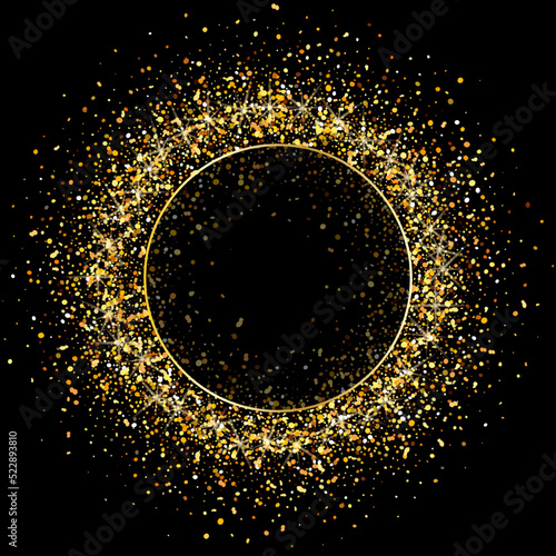 Gold round frame and golden glitter on dark background. Design element and place for your text. For Christmas, New Year celebration, holiday greeting card, invitation. Vector illustration