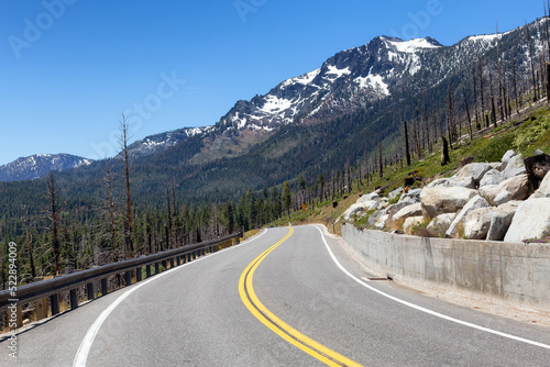 Scenic Road surrounded by Trees and Mountains on a Sunny Day. Summer Season. Lake Tahoe, California, United States. Adventure Travel.