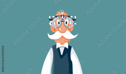 Elderly Senior Man Checking his Eyesight Vector Cartoon. Older patient having his eyes checked during doctor appointment
