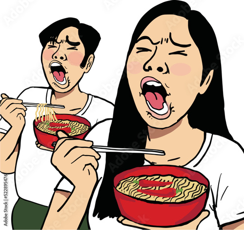 Action cartoon men and women eating spicy instant noodles.