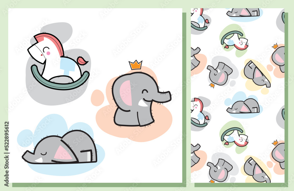 Flat cute elephant illustration for kids and pattern set
