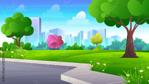 Summer public garden landscape with green grass, trees, and City skyline