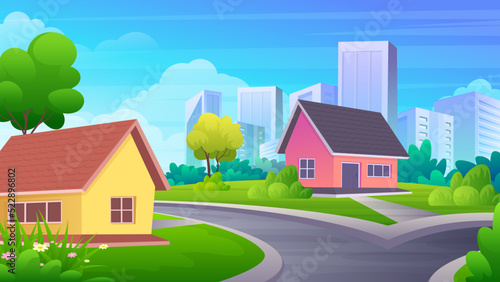 Suburban Residential with green yard, district landscape with green grass, trees, and City skyline