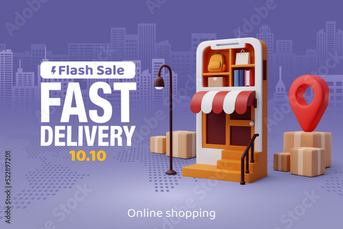 3d Vector Mobile Shopping, Online shopping on social media application concept.