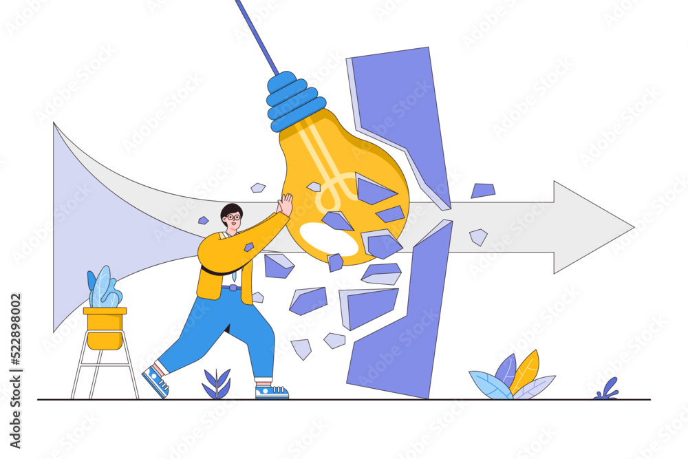 Breakthrough obstacle, innovation strategy, leadership determination overcoming difficult problems, achievement goal concepts. Businessman boss breaking walls using idea and creativity of lightbulb