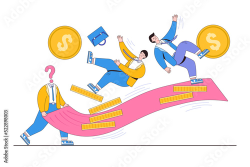Rug pull crypto, scam coin, trading problem, investment risk in unstable and uncertainty stock market concepts. Unknown people pull carpet and make businesspeople who standing on money falling down