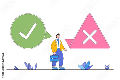 List do and don't, true and false, accept and rejected for evaluation business, approved and not, rules guide with good and bad concepts. Businessman with speech bubble check or cross signs symbols