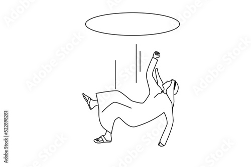 Drawing of arab businessman falling down from a hole. Concept of downfall. line art style