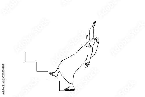 Cartoon of stressed saudi businessman manager falling down from ladder stairs feeling panic. Business crisis and failure metaphor. Outline drawing style art