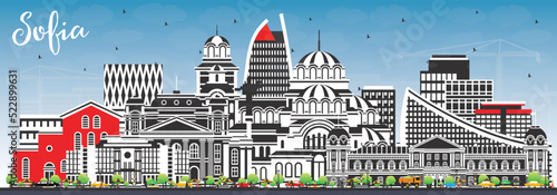 Sofia Bulgaria City Skyline with Color Buildings and Blue Sky.