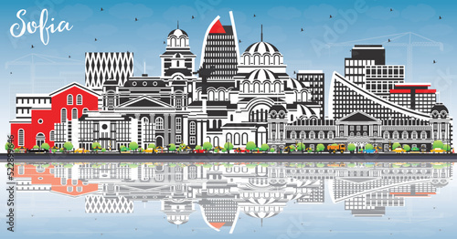 Sofia Bulgaria City Skyline with Color Buildings, Blue Sky and Reflections.