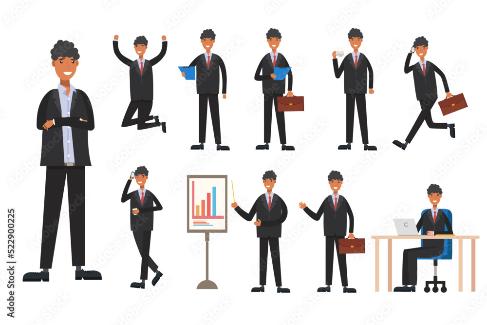 Flat design concept of Businessman with different poses, working and presenting process gestures, actions and poses. Vector cartoon character design set.