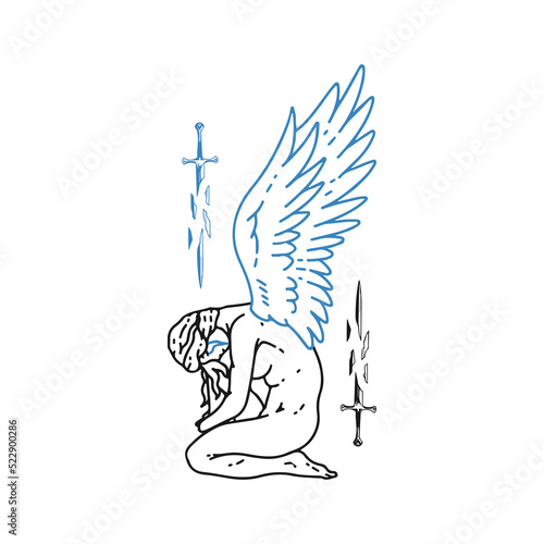 vector illustration of a winged angel being sad