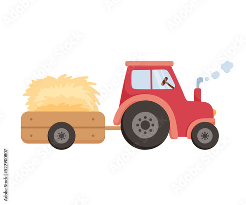 Cute Tractor with cart. Agricultural machinery transports hay. Vector cartoon illustration farm tractor isolated on white background