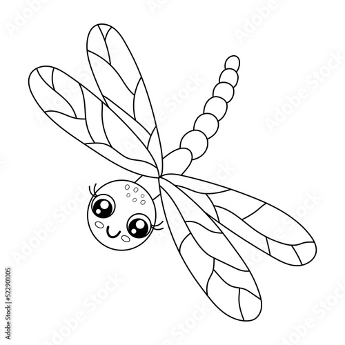 Cute outline dragonfly isolated on white background. Funny insect for childish coloring book. Cartoon vector line illustration