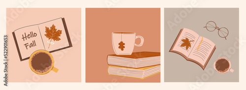 Illustrations brown book with yellow ribbon and coffee mug with drawing. . Atmosphere for reading books. Modern flat cartoon style.Set Autumn of three Vector illustrations