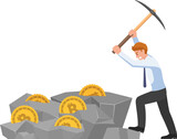 Businessman digging bitcoin in the rock