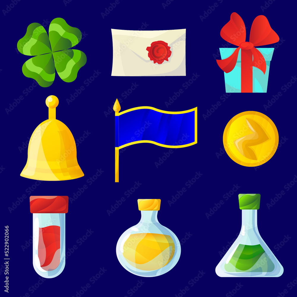 WebSet of icons for game interface. Clover leaf, letter, gift box, bell, flag, coin, various transparent vessels with liquids. Flat vector elements for mobile arcade and casual games WebSet of icons for game interface. Clover leaf, letter, gift box, bell, flag, coin, various transparent vessels with liquids. Flat vector elements for mobile arcade and casual games