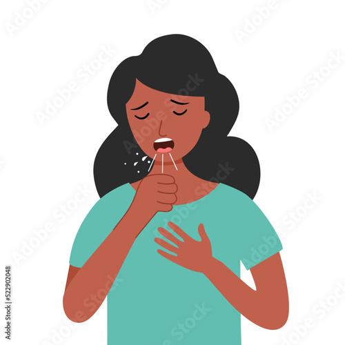 Black woman coughing concept vector illustration. Sick person, ill and cold, flu and virus, influenza in flat design. Female sneeze and cough.