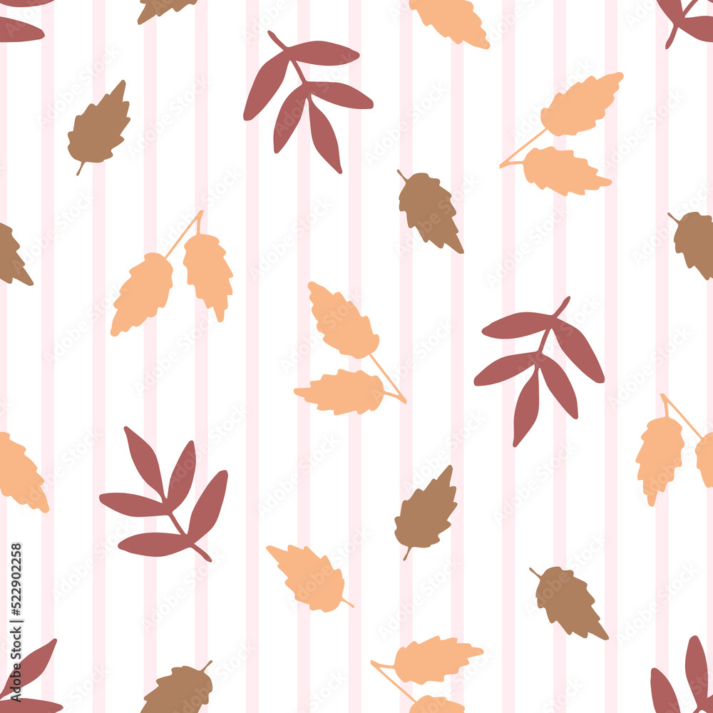 Fototapeta premium Simple floral vector seamless pattern in pastel colors. Dry autumn leaves, light pink stripes on a white background. Fall season. For fabric prints, packaging, school stationery.