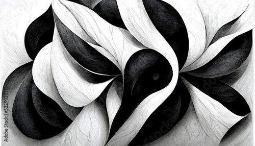 Modern abstract dynamic shapes black and white background with grainy paper texture. Digital art.