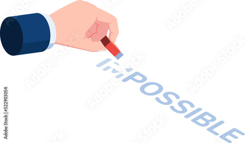 Isometric businessman hand changing the word impossible to possible by eraser