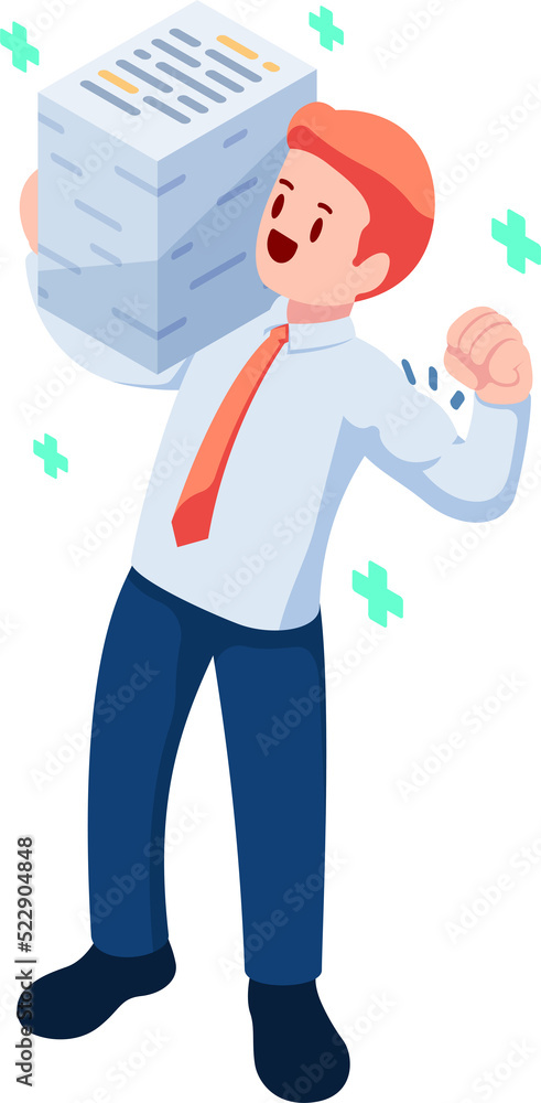 Isometric Happy Healthy Businessman Carrying Stack of Document