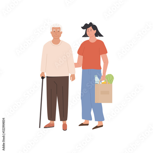Female caretaker and elderly man doing shopping. Volunteer with senior person helping to buy groceries. Social worker helping grandpa. Nursing retirement home services. Vector isolated illustration.