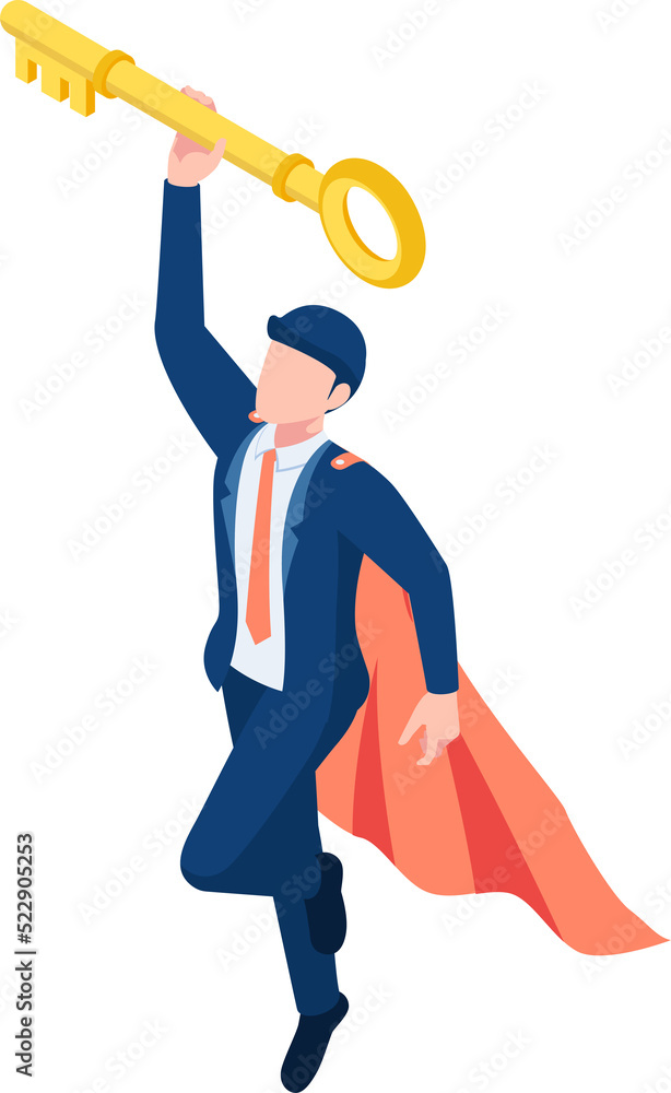 Isometric super businessman holding golden key over his head