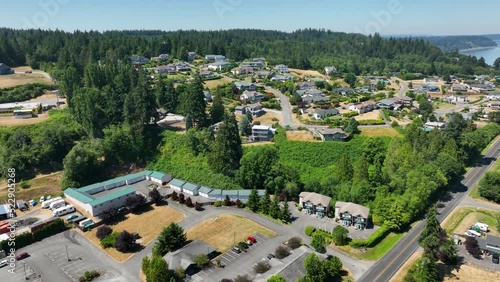 Aerial view of Clinton neighborhoods on Whidbey Island with local storage facility in foreground. photo